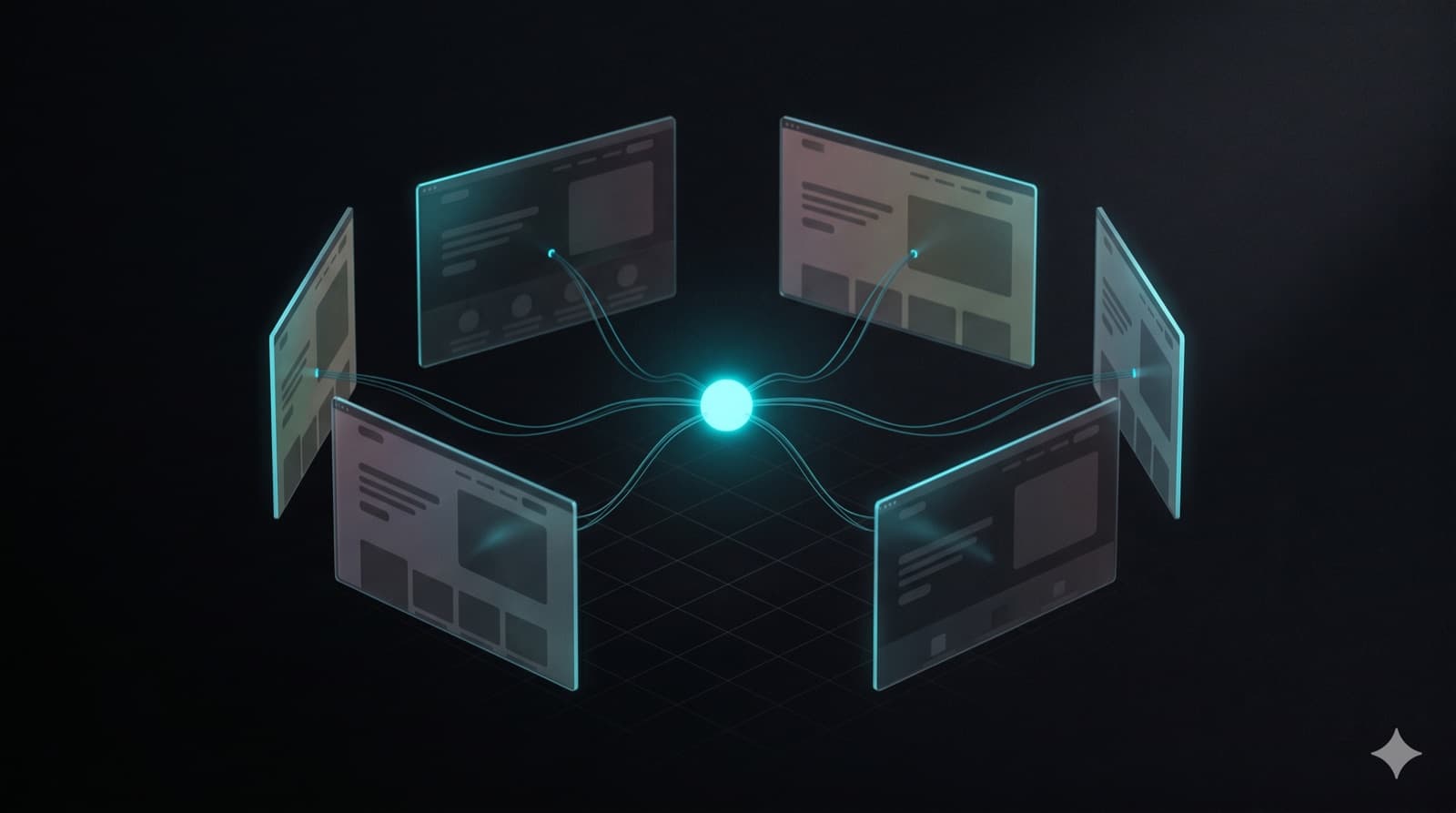 Six holographic website panels arranged around a glowing cyan core node, threads connecting each panel to the centre