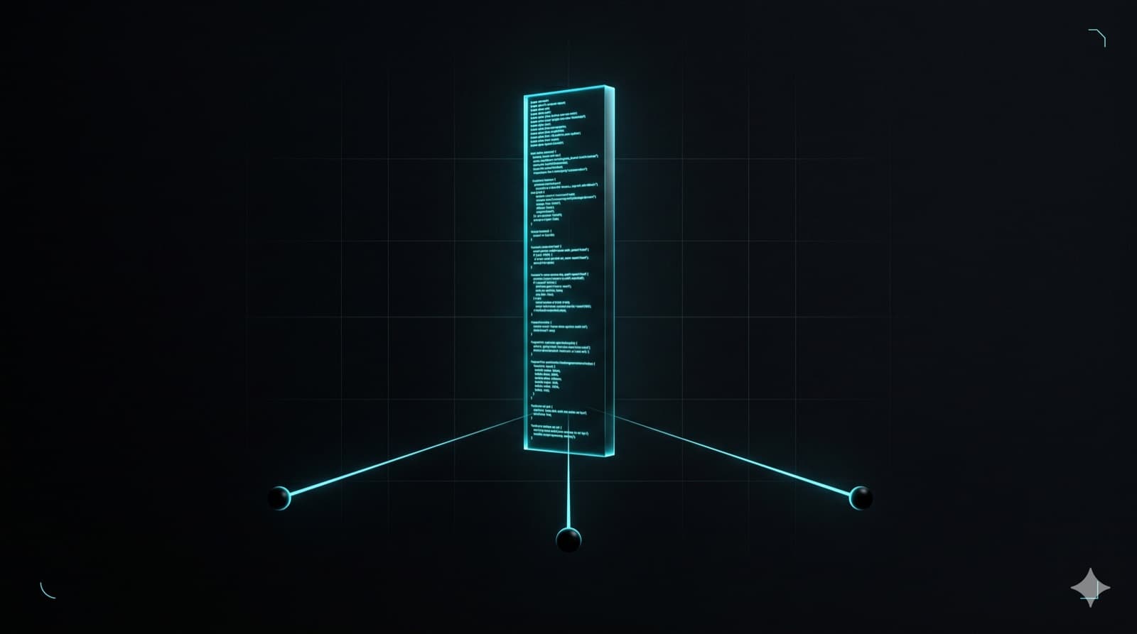 A glowing cyan monolith of code suspended in a dark void with three rays beaming down to small floating black orbs